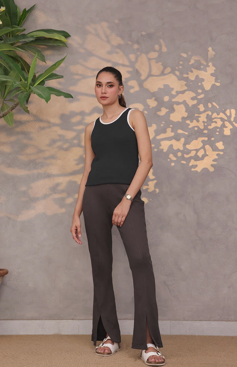 Contrast Trim Ribbed Top Black