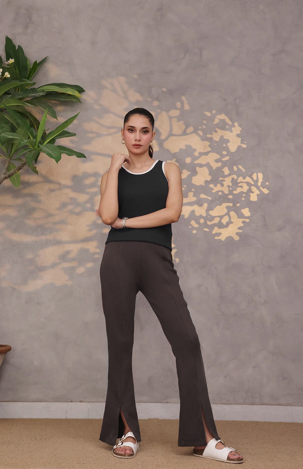 Contrast Trim Ribbed Top Black