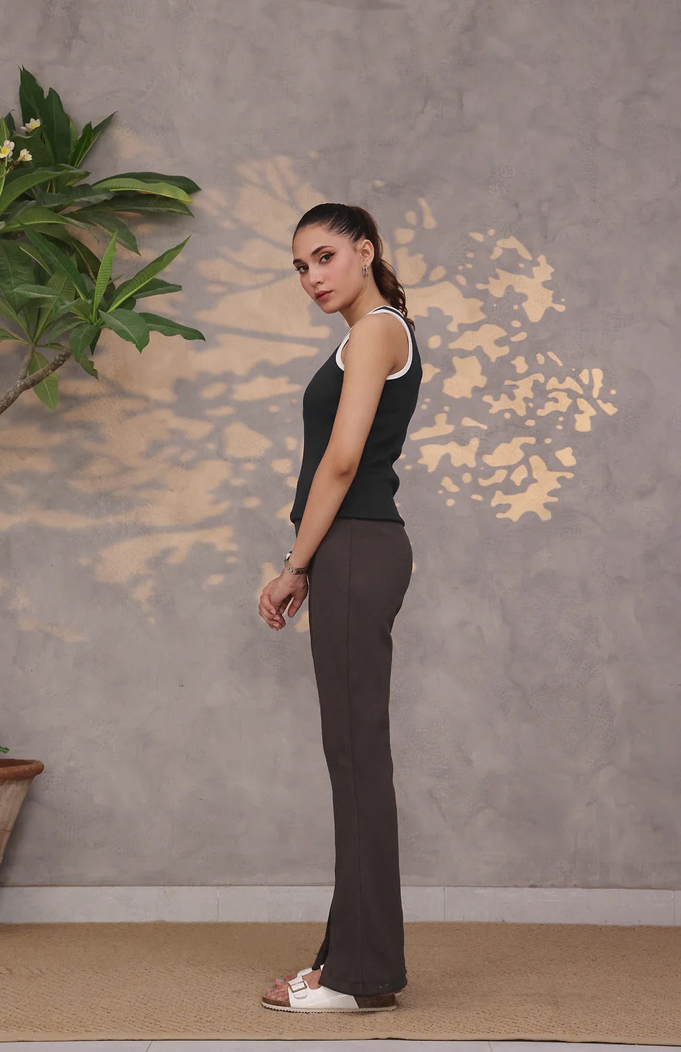 Contrast Trim Ribbed Top Black