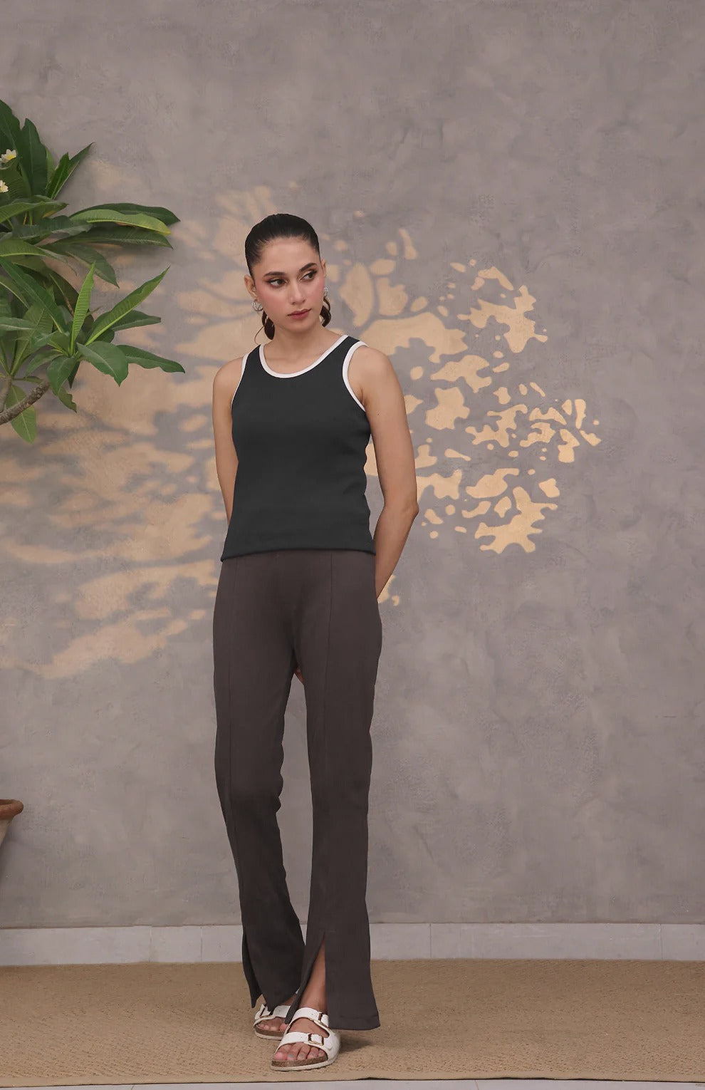 Contrast Trim Ribbed Top Black