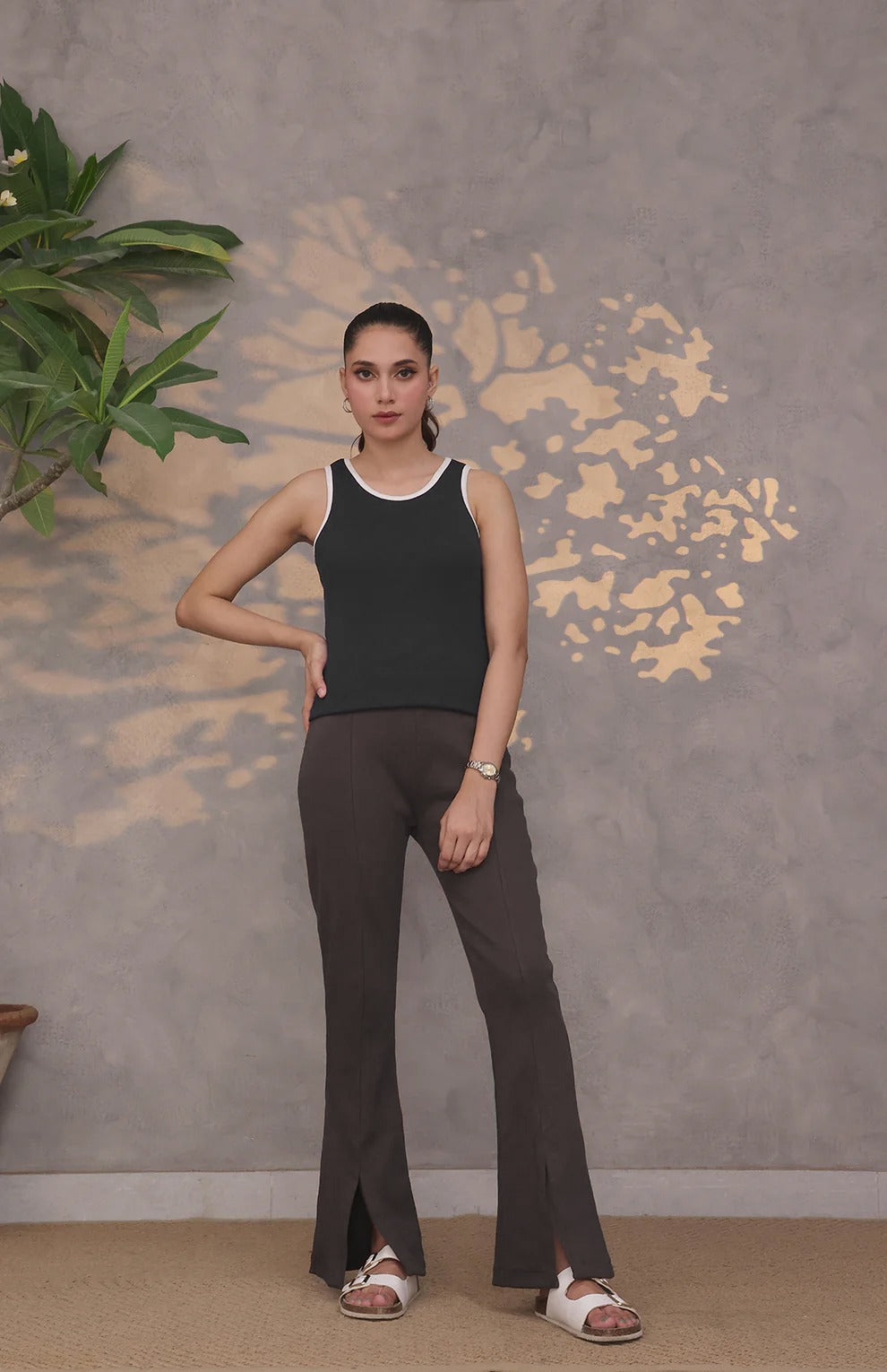 Contrast Trim Ribbed Top Black