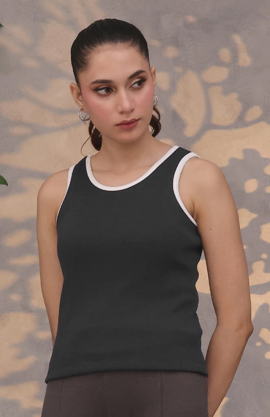 Contrast Trim Ribbed Top Black